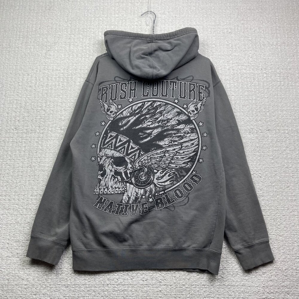 Y2K Rush Couture Grey Hoodie Sz M Goth Skull / Native Blood American USA MADE **